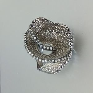 Large Fashion Flower Statement Cocktail Crystal Rhinestones Silver Finish Ring 7